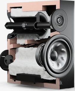 Reproduktorová knihovna Polk Audio R100 černá, výbušný pohled ukazující vnitřní komponenty včetně reproduktoru a tweeteru