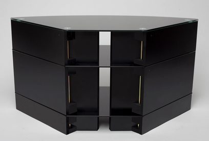 Norstone Design Corner sort, højglans, hexagonal audio-/videomøbel med 4 glashylder og højglansstruktur
