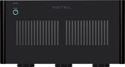 Amplificatore di potenza alta fedeltà Rotel RB-1590 nero, vista frontale, griglia di ventilazione centrale, pulsante circolare blu