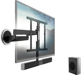 Vogel's NEXT 8375 vægmonteret TV-beslag, mat sort drejeligt armsystem på metallisk grå vægplade, med basrefleksboks