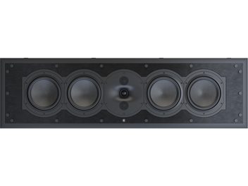 Indbygget væghøjttaler Perlisten R7i-C i sort, metalbaffle, set forfra, 4 woofere og centralt modul med 3 transducere