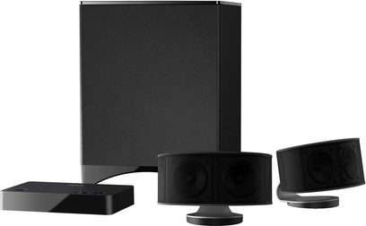 Onkyo LS-3100 sort 2.1 højttalersæt i sort, bestående af en basreflekshøjttaler og to satellithøjttalere, sort finish