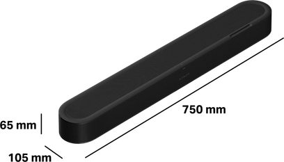 Soundbar Sonos Beam Ultra nera, vista prospettica, con dimensioni 750 x 105 x 65 mm