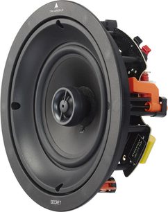 Frontaanzicht van de inbouwluidspreker Triangle ICT7, zwarte luidspreker en oranje tweeter in een gemetalliseerd grijs chassis