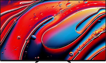 Sony BRAVIA 9 (85XR90) fladskærms-tv, set forfra, abstrakt farverig rød og blå skærm, sort ramme, slanke ben
