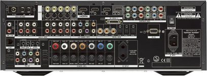 Harman Kardon AVR 255 sort hjemmebiografsforstærker, frontpanel, mange lyd- og videostik, knapper og drejeknapper til justering