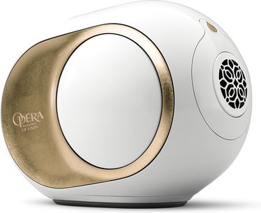 Bezdrátová chytrá reproduktorová soustava Devialet Phantom II 98 dB Opéra de Paris bílá a zlatá, pohled zepředu, černá mřížka