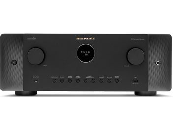 Marantz Cinema 60 black home theater amplifier, sleek front panel, round rotary knobs, USB port, front view
