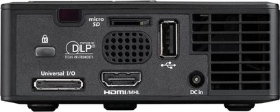 Optoma ML750e sort videoprojektor, bagside, HDMI/MHL, USB, microSD, DC-indgang, højttalergitter
