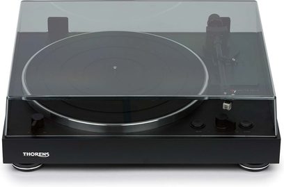 Giradischi Thorens TD 101 A nero opaco, vista dall'alto, coperchio trasparente aperto, piatto nero, braccio di lettura