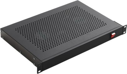Piattaforma di ventilazione con 2 ventole, chassis rettangolare nero perforato sulla parte superiore, interruttore rosso a destra