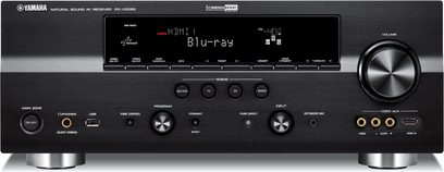 Yamaha RX-V2065 hjemmebiograf-forstærker, set forfra, blå "Blu-ray"-skærm, mange knapper og stik, sort og sølvfarvet front