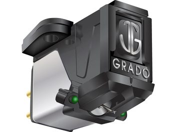 Celulă pentru pickup hi-fi Grado Green3 neagră cu logo argintiu, vedere în perspectivă care arată detaliile carcasei