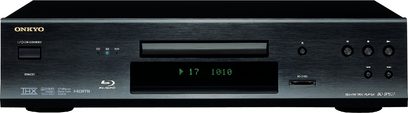 Onkyo BD-SP807 sort Blu-ray-afspiller, frontvisning, blåt display "17 1010", frontpanel med knapper og diskskuffe