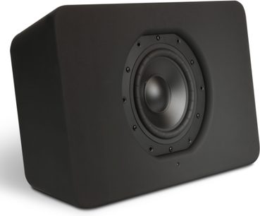 Bluesound Pulse Sub sort mat baskabin, set forfra, central rund højttaler, afrundet ottekantet kontur
