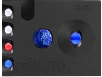 Front view of a black Chord Hugo 2 portable audio converter with 4 colored buttons, 2 jacks, and the name engraved