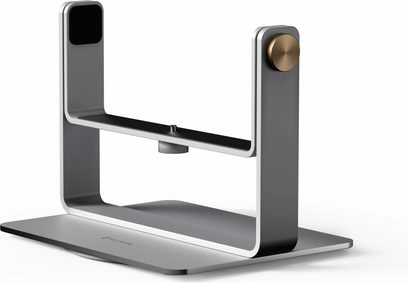 Nosilec za projektor Valerion DGS-01-Desktop Gimbal Stand iz antracitno sivega in srebrnega aluminija, pogled v perspektivi s treh četrtin spredaj, z ravno pravokotno osnovo, U-okvirjem, osrednjim rebrastim pritrdilnim vijakom in bronasto stransko ročico