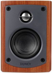 Tannoy acoustic speaker, front view, wooden cabinet, central circular black speaker driver, black protective grille