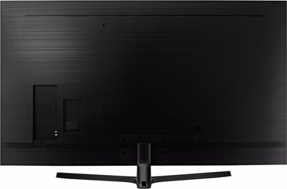Samsung UE50NU7475 TV sett forfra, svart skjerm, tynn ramme, sentralt metallstativ i V-form