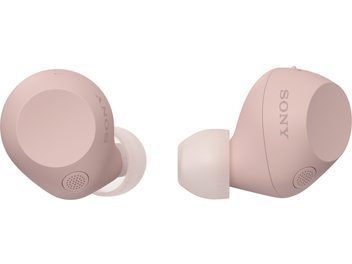 Навушники Sony WF-C710N рожевого кольору з матової пластмаси, прозорі силіконові насадки, видимі круглі мікрофонні решітки, представлені поруч у тричвертному вигляді