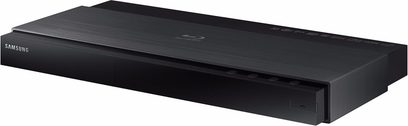 Samsung BD-J7500 sort 4K Blu-ray-afspiller, set forfra, aflang rektangulær form, blank frontpanel med Samsung-logo