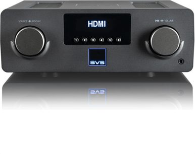 Ampli hi-fi стерео SVS Prime Wireless Pro SoundBase черен, предна фасада с HDMI екран и бутони, 2 ролки отстрани