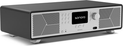Sonoro Avaton täisühtne hi-fi süsteem, mattaaluse grafiidikorpuse, metallhõbedase esipaneeli, diagonaalsete võredekaitsetega, ekraaniga ja rulliga, 3/4-esivaade