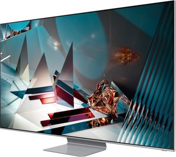 Samsung QE75Q800T fladskærms-TV, set lidt fra siden forfra, viser farverige og skinnende geometriske former