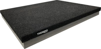 Turntable leveling base for Thorens TAB 1600 vinyl turntable. Absorption base, black, rectangular, top view, granular surface