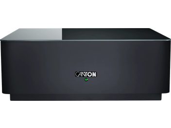 Nízky subwoofer Canton Smart Sub 10 v čiernej farbe, plochý obdĺžnikový tvar, hladký predný panel s centrálnym logom a zelenou kontrolkou