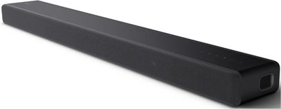 Sony HT-A3000 soundbar sort, set i perspektiv, rektangulær form, frontgitter, afrundede hjørner, glat overflade