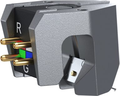 Ortofon MC VERISMO pladespiller pickup, set fra vinkel, forgyldte stik, farvede etiketter, grå metalhus