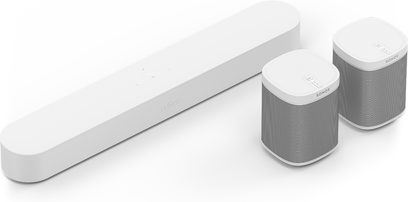 Sonos Pack Beam und Play 1 Soundbar in Weiß, bestehend aus einer rechteckigen weißen Soundbar und zwei zylindrischen weißen Lautsprechern