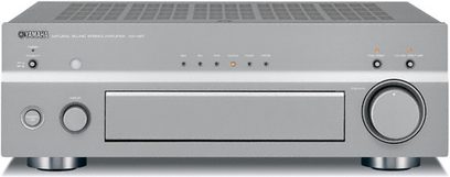 Yamaha AX-497 grå stereo hi-fi-forstærker, frontpanel, kontroller til venstre, blå display i midten, hovedtelefonstik til højre