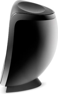 Focal Sib Evo Dolby Atmos 2.0 schwarzer Lautsprecher, Vorderansicht leicht von oben, ovale Form, schwarzes Gitter auf der Vorderseite