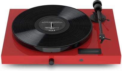 Hi-fi platenspeler Juke Box E1 rood gelakt met ronde zwarte draaitafel, zwarte toonarm, draaiknop en rechthoekig scherm