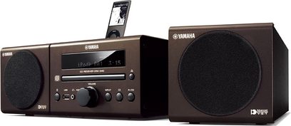 Yamaha MCR-040 black Hi-Fi mini system, shown from the front and side views, consisting of a CD player, tuner, and two speakers