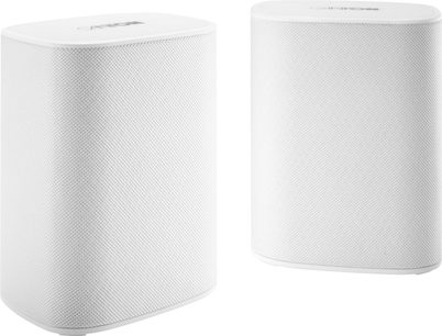 Witte matte Canton Smart Libero draadloze luidsprekers, set van 2, rechthoekig design met afgeronde hoeken en stoffen grille