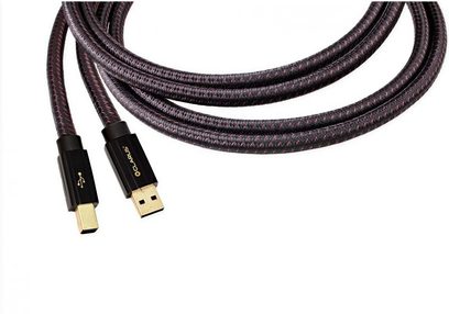 Clarus Crimson USB-kabel med forgyldte stik, sort og rød flettet kappe, rektangulære og cylindriske ender