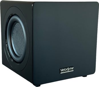 Velodyne MiniVee X subwoofer, set fra en vinkel, sort kubisk kabinet, cirkulær højttaler på venstre side