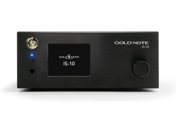 Integrierter Hi-Fi-Stereo-Verstärker IS-10 schwarz, Vorderansicht, zentrales Display, runder Knopf rechts, Logo oben links