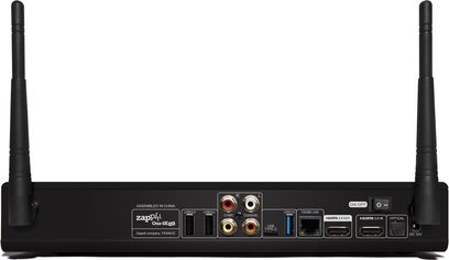 Zappiti One 4K HDR medieafspiller i sort, set forfra, med lyd-/videotilslutninger og USB-porte på bagsiden