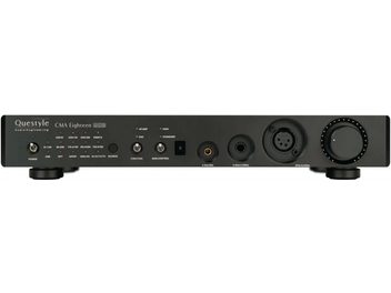 High-fidelity headphone preamp CMA Eighteen Master, front view, black rectangular casing, 2 circular feet, various connectors