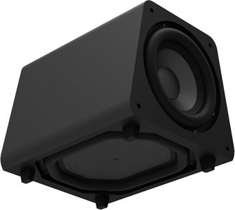 GoldenEar ForceField 4 sort subwoofer, trekantsperspektiv forfra, central rund højttaler, trapezformet kabinet