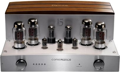 Stereo integreret rørforstærker Consonance Cyber 100 15th Anniversary, frontvisning, sølvfinish, frontpanel med 2 cirkulære knapper, 6 synlige rør på toppen, bagkappe i træ