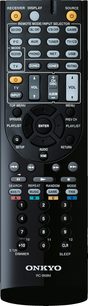 Onkyo RC-868M fjernbetjening i sort med grå og hvide knapper, set forfra