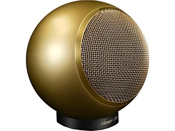 Diffusore compatto Elipson Planet M gold, vista frontale ravvicinata, griglia metallica circolare dorata, base nera