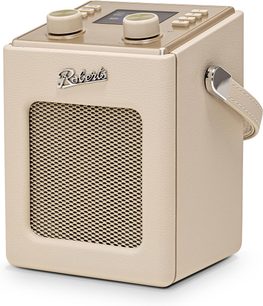 Altoparlante smart Roberts Mini 2 color crema, finitura in similpelle martellata, griglia metallica, due manopole superiori, cinturino laterale