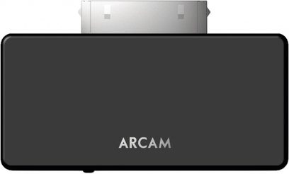 Rektangulær sort trådløs Arcam RWand-sender set forfra med hvidt "ARCAM"-logo på forsiden