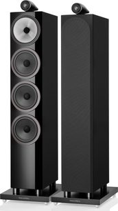 Sloupové reproduktory Bowers & Wilkins 702 S3 v černém laku, pohled zepředu, 4 reproduktory, výškový reproduktor nahoře, čtvercová základna
